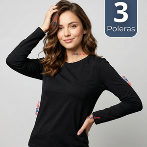 Pack 3 Camisetas Poleras Bambú Primera Capa Manga Larga Negro Mujer