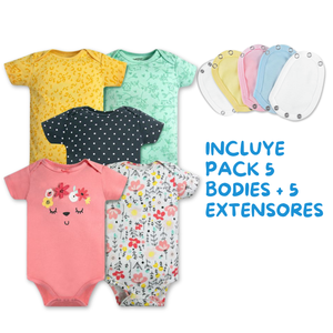 Pack 5 Unidades Extensor Body Bebé +Pack 5 Bodys Manga Corta Algodón Niña Rosa  Floreado