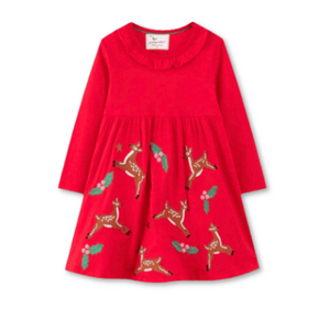 Vestido de Algodón Navidad Manga Larga Niña 2 a 7 años Ciervos Rojos