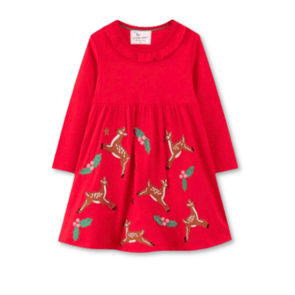 Vestido de Algodón Navidad Manga Larga Niña 2 a 7 años Ciervos Rojos