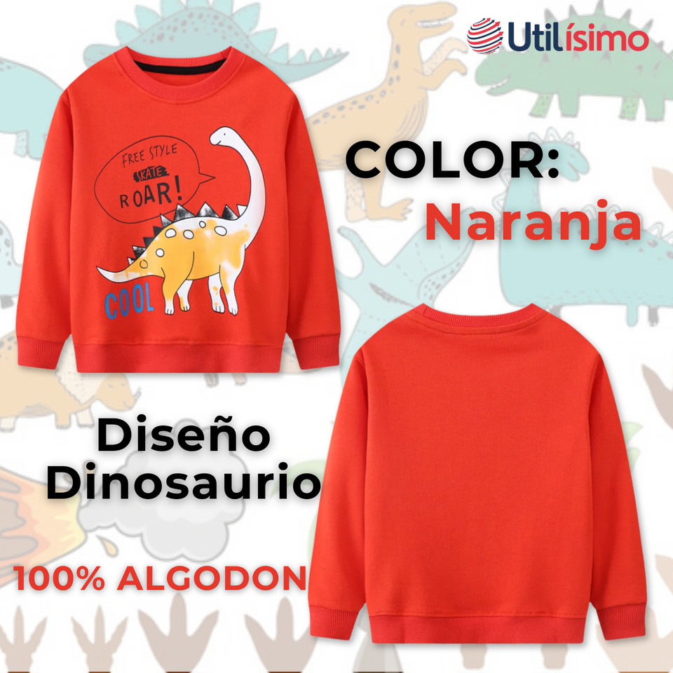 Polerón Algodón Cuello Redondo Niño Naranja Dinosaurio