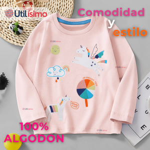 Polera Manga Larga Niña 100% Algodón Dinosauro Unicornio Rosado Camiseta