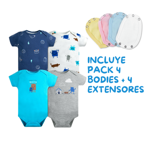 Pack 4 Unidades Extensor Body Bebé +Pack 4 Bodys Algodón Niño Manga Corta Blue Monster