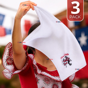 Pack 3 Pañuelos Baile Cueca 45cm Bordado Pareja Bailando Algodón Fiestas Patrias