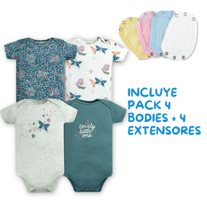 Pack 4 Unidades Extensor Body Bebé +Pack 4 Bodys Algodón Niña Manga Corta Mariposas Azul