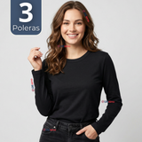 Pack 3 Camisetas Poleras Polar Primera Capa Negro Manga Larga Mujer