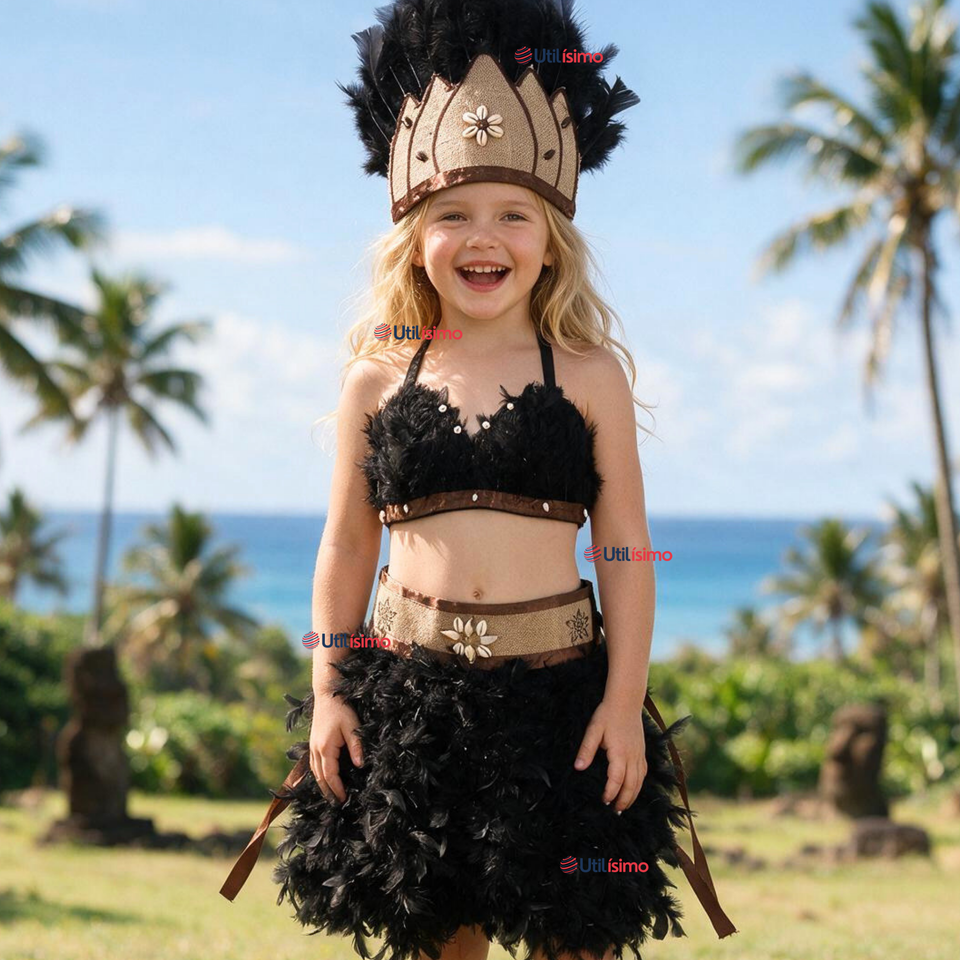 Traje Pascuense Típico Negro Con Plumas 3 Piezas Niña Rapa Nui Fiestas Patrias