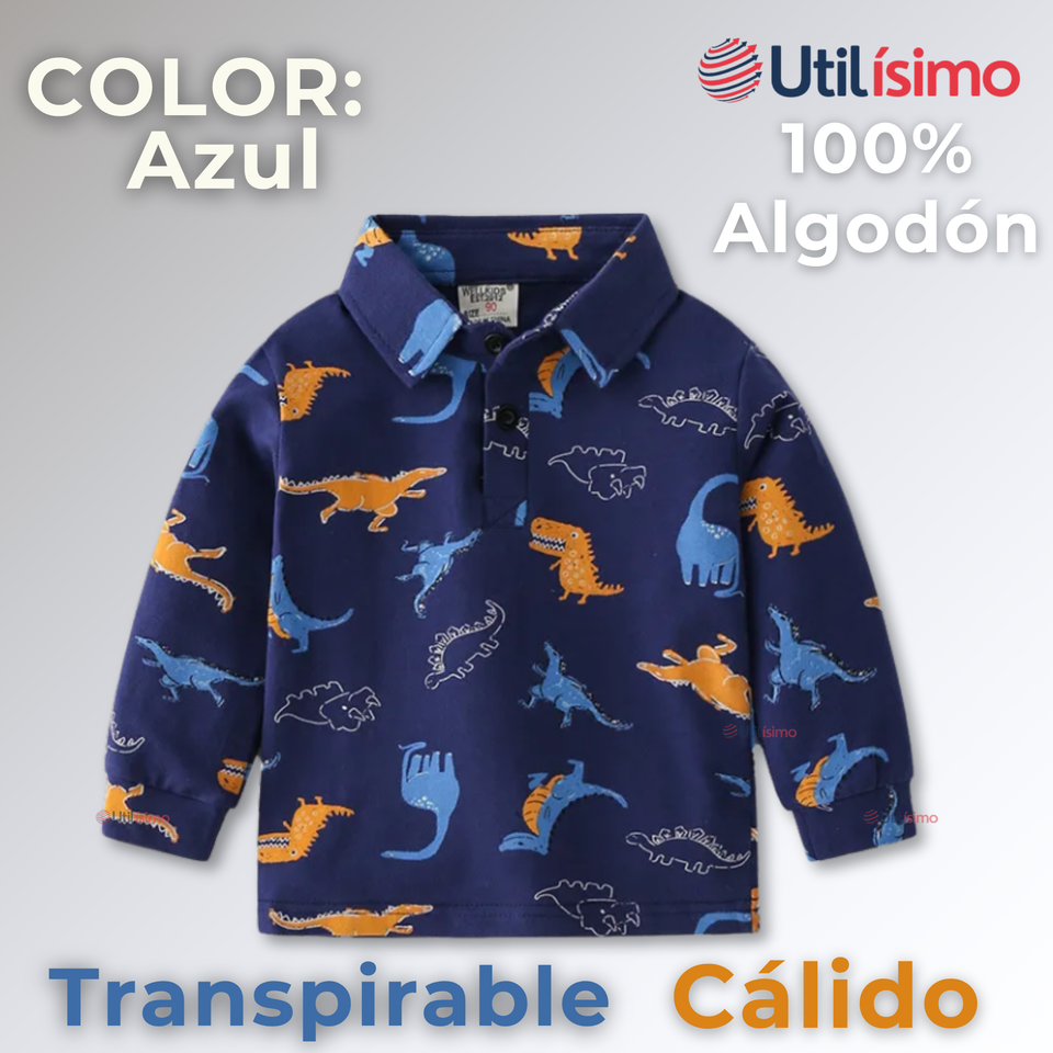 Polera Piqué Manga Larga Niño con Estampado de Dinosaurios Azul
