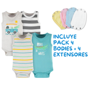 Pack 4 Unidades Extensor Body Bebé + Pack 4 Bodys Algodón Niño Sin Manga Cocodrilo Animado