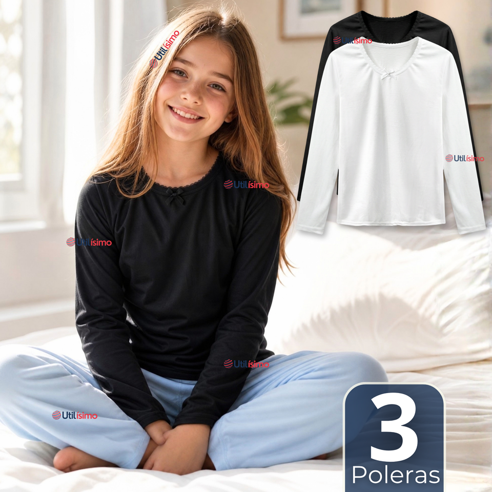 Pack 3 Camisetas Poleras Algodón Básica Cuello Redondo Primera Capa Manga Larga Colores Surtidos Negro Blanco Niña