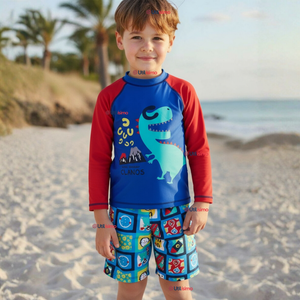 Traje de Baño Manga Larga Pantalón Corto 2 Piezas Corte Split Niño 3 a 9 años Blue Dinosaur