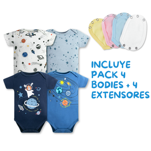 Pack 4 Unidades Extensor Body Bebé +Pack 4 Bodys Algodón Niño Manga Corta Galaxia Azul