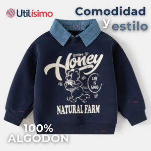 Polerón Estilo Pique Manga Larga Niño 100% Algodón Azul