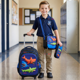 Mochila Escolar Con Ruedas + Estuche + Lonchera 46cm Desmontable Poliéster Azul Tiburón Niño