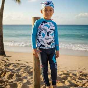 Traje de Baño Con Gorro Pantalón Largo 3 Piezas Corte Split Manga Larga Niño 3 a 11 años White Shark