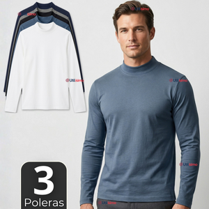 Pack 3 Camisetas Poleras Polar Primera Capa Cuello Beatle Manga Larga Colores Surtidos Hombre