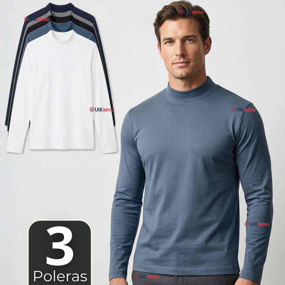 Pack 3 Camisetas Poleras Polar Primera Capa Cuello Beatle Manga Larga Colores Surtidos Hombre