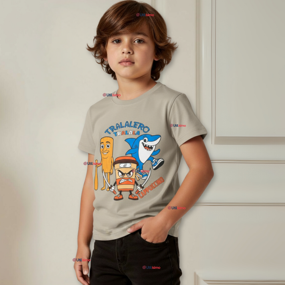 Polera Brainrots 100% Algodón Manga Corta Niño Tralalero Beige