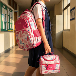 Mochila Escolar + Estuche + Lonchera 43cm Tela Oxford Rosa Corazones Niña
