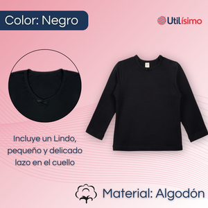 Camiseta Algodón Manga Larga Polera Niña Primera Capa Cuello Redondo Negra