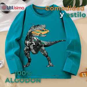 Polera Manga Larga Niño 100% Algodón Dinosaurio Verde Camiseta