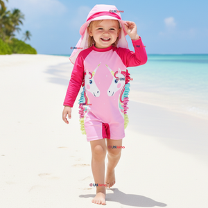 Traje de Baño Enterito Cremallera Manga Larga Con Gorro Niña 1 a 5 años Pink Unicorn