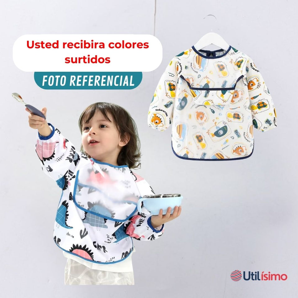 Pack 6 Babero Delantal Impermeable Premium Con Mangas Larga Para Bebe Y Niño