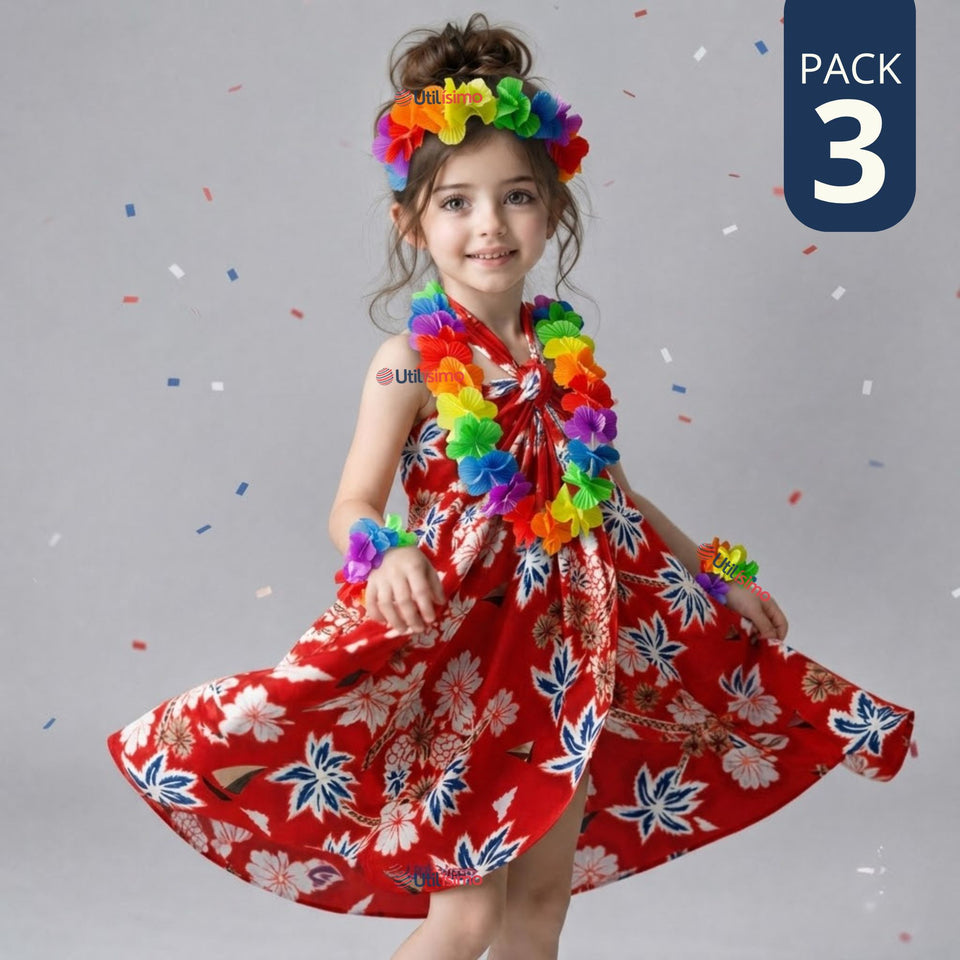 Pack 3 Trajes Páscuense Pareo Hawaiano Rojo Niña Con Accesorios
