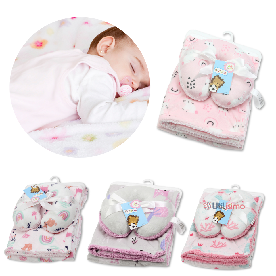 Set Manta Frazada Polar Para Bebé Niña + Cojín Para Cuello