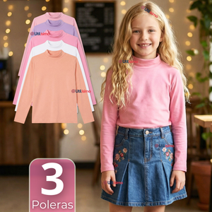Pack 3 Poleras Camisetas Bambú Cuello Beatle Primera Capa Manga Larga Colores Surtido Niña