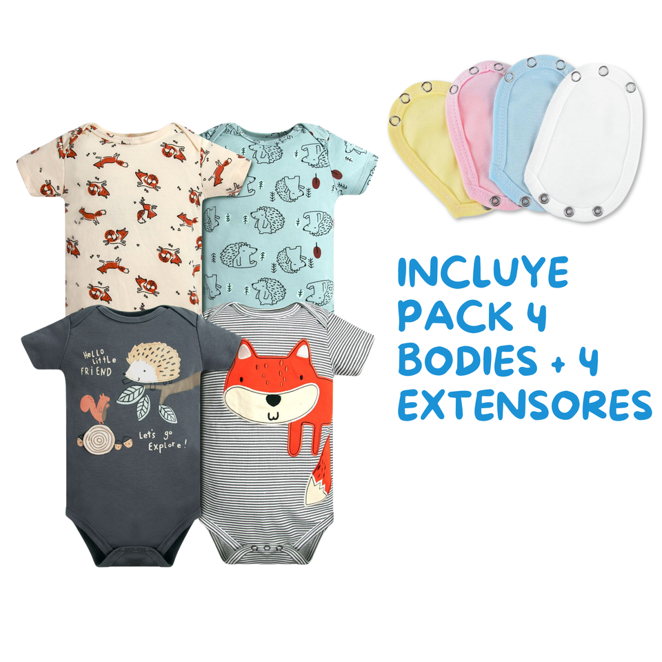 Pack 4 Unidades Extensor Body Bebé +Pack 4 Bodys Algodón Niño Manga Corta Animales infatiles