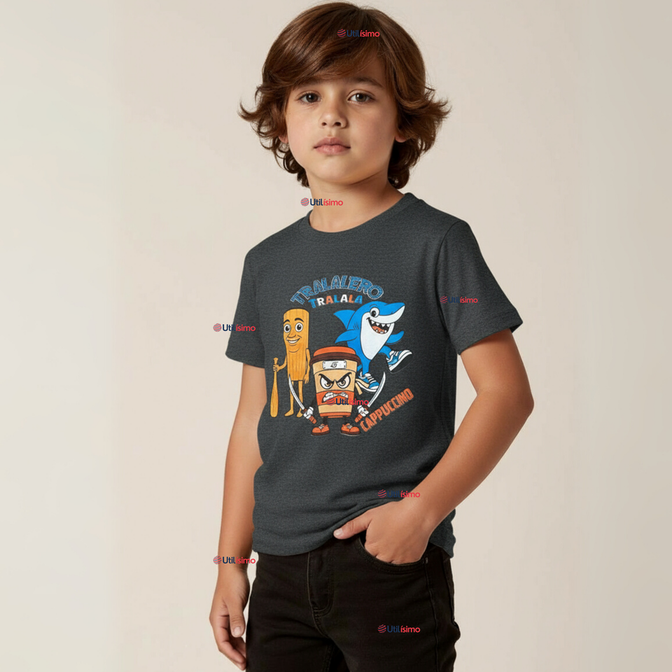 Polera Brainrots 100% Algodón Manga Corta Niño Tralalero Gris Oscuro