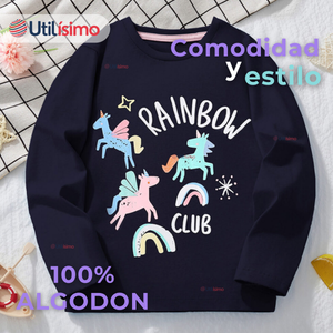 Polera Manga Larga Niña 100% Algodón Unicornios  Negro Camiseta