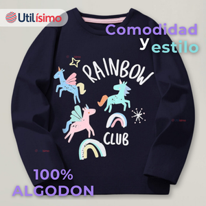 Polera Manga Larga Niña 100% Algodón Unicornios Negro Camiseta