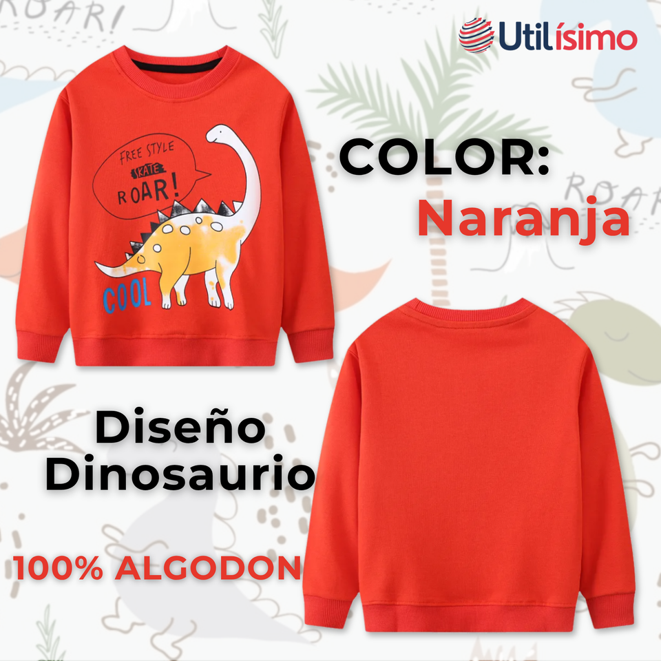 Polerón Algodón Cuello Redondo Niño Naranja Dinosaurio