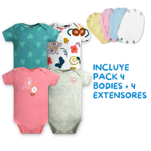 Pack 4 Unidades Extensor Body Bebé +Pack 4 Bodys Algodón Niña Manga Corta Mariposas Rosa