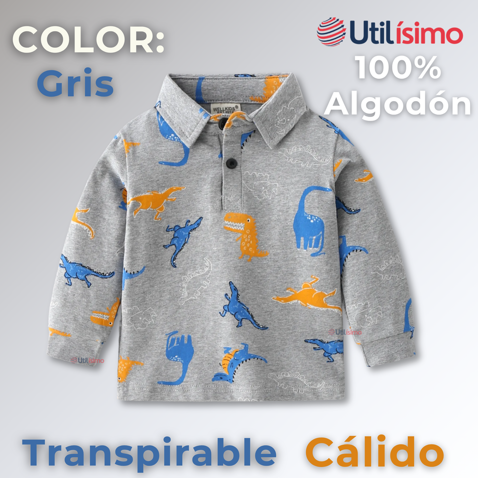 Polera Piqué Manga Larga Niño con Estampado de Dinosaurios Gris