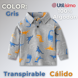 Polera Piqué Manga Larga Niño con Estampado de Dinosaurios Gris