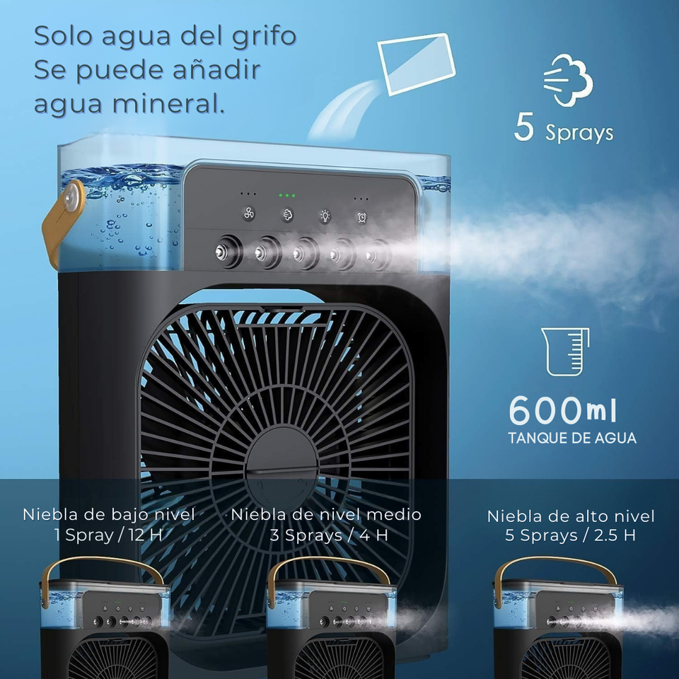 Climatizador Portátil Frío 4 en 1 Ventilador Humificador Enfriador Lampara LED 220v USB Negro