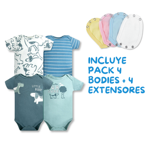 Pack 4 Unidades Extensor Body Bebé +Pack 4 Bodys Algodón Niño Manga Corta Blue Dogs
