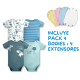 Pack 4 Unidades Extensor Body Bebé +Pack 4 Bodys Algodón Niño Manga Corta Blue Dogs