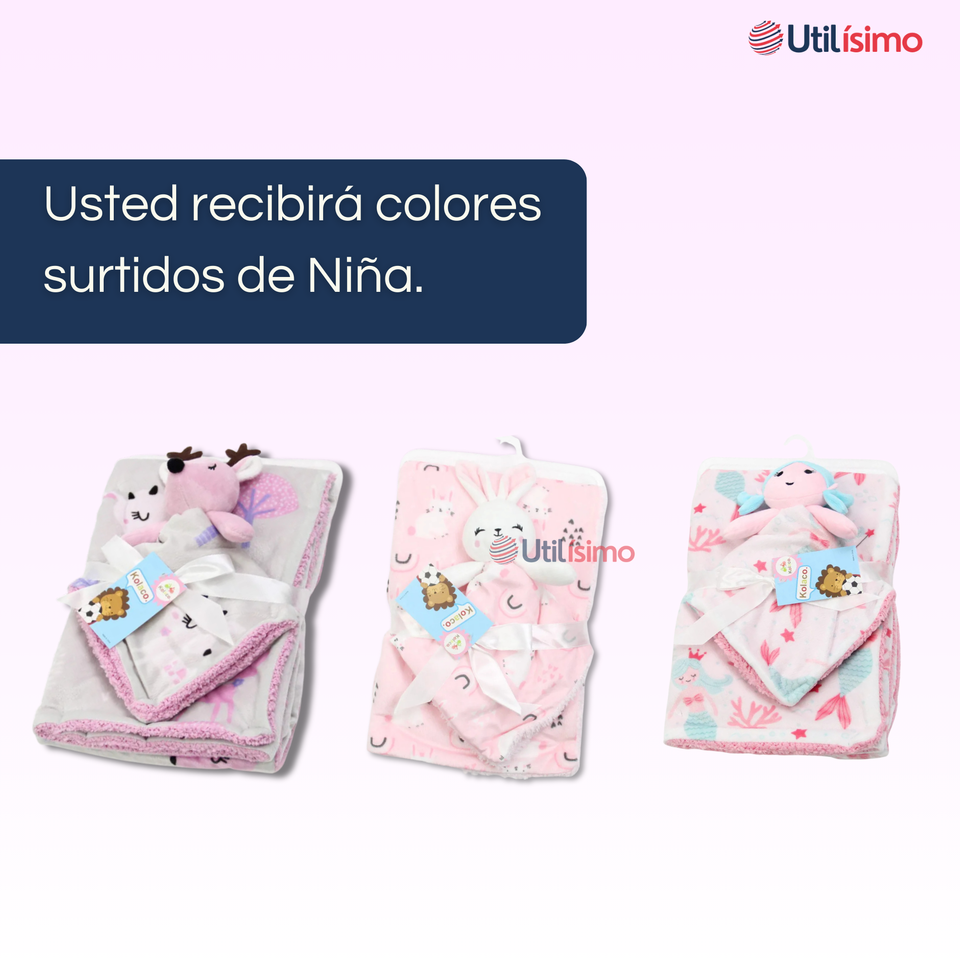 Set Manta Frazada Polar Para Bebé Niña + Peluche de Apego