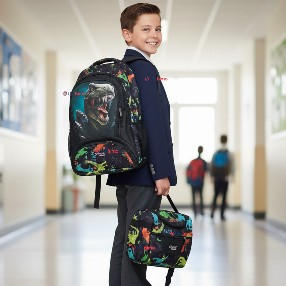 Mochila Escolar Kit Con Estuche y Lonchera 43cm Tela Oxford Dino Niño