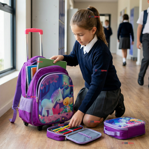 Mochila Escolar Con Ruedas + Estuche + Lonchera 46cm Desmontable Poliéster Morado Unicornio Niña