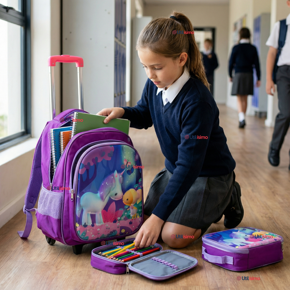 Mochila Escolar Con Ruedas + Estuche + Lonchera 46cm Desmontable Poliéster Morado Unicornio Niña