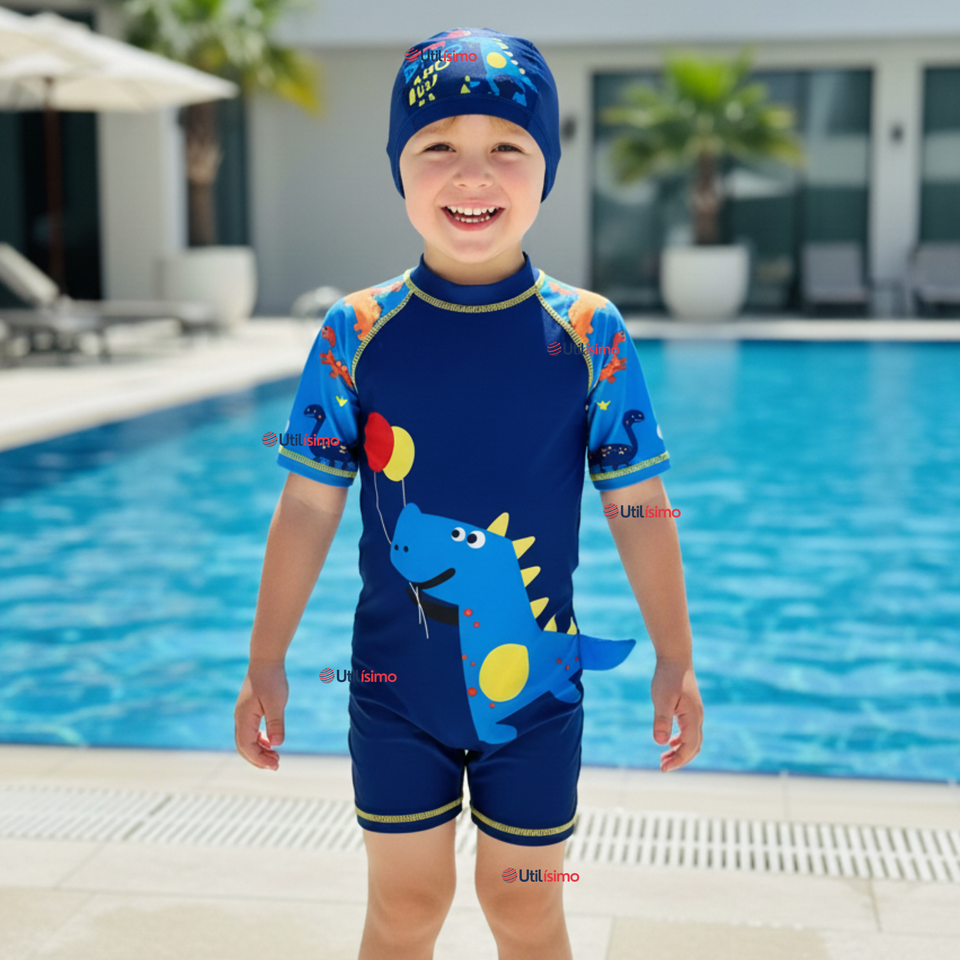 Traje de Baño Enterito Cremallera Manga Corta Con Gorro Niño 2 a 4 años Blue Dinosaur