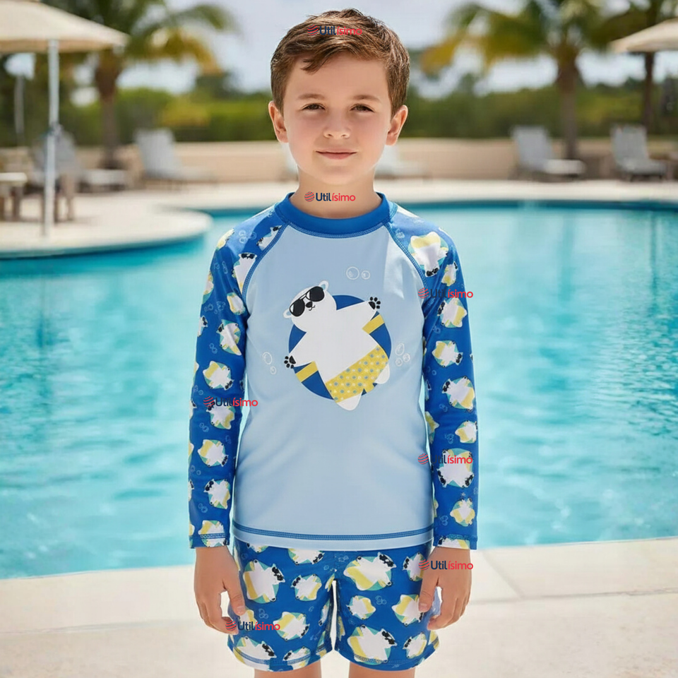 Traje de Baño Manga Larga Pantalón Corto 2 Piezas Corte Split Niño 3 a 9 años Blue Polar Bear