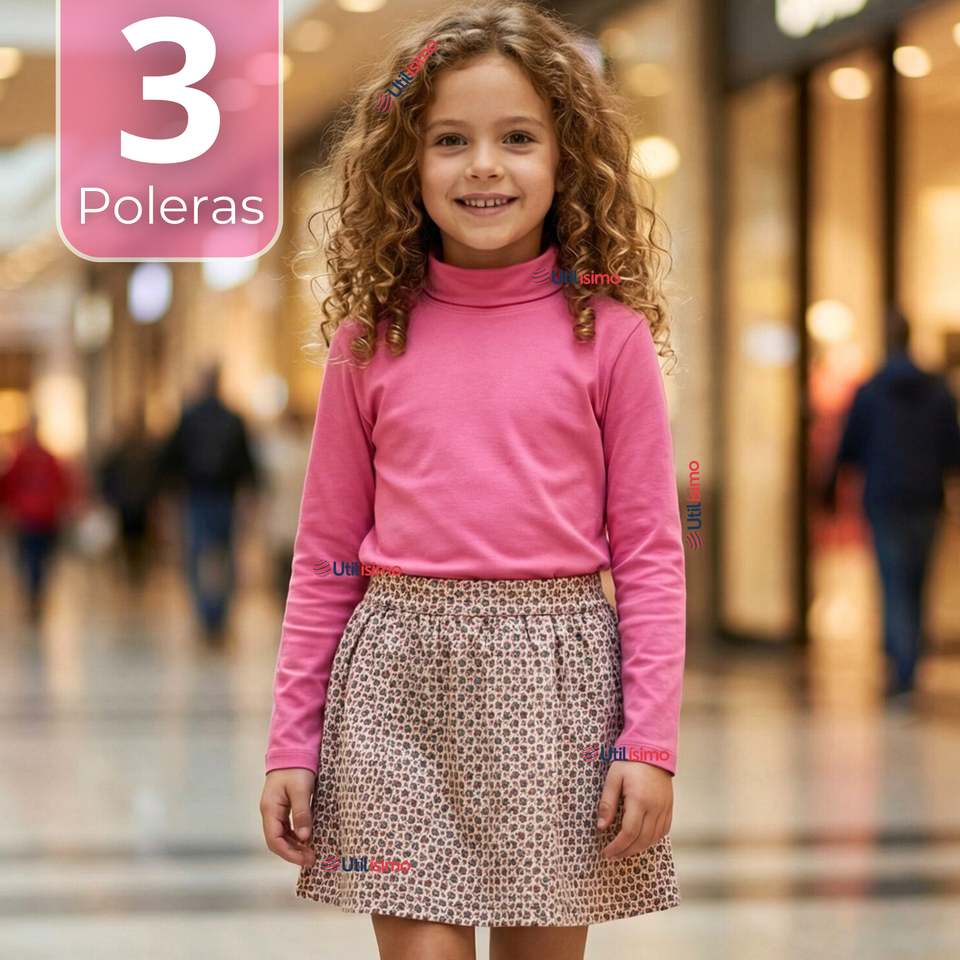 Pack 3 Poleras Camisetas Bambú Rosadas Cuello Beatle Primera Capa Manga Larga Niña