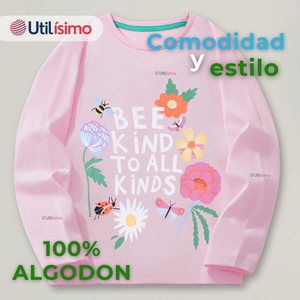 Polera Manga Larga Niña 100% Algodón Flores Rosado Camiseta