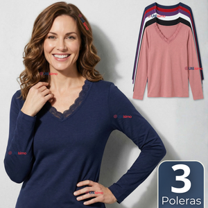 Pack 3 Camisetas Poleras Polar Cuello V Manga Larga Con Encaje Colores Surtidos Mujer